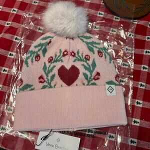 NWT Vera Bradley Pink Winter Hat Knit Pom Beanie Stocking Cap w/ Hearts Warm